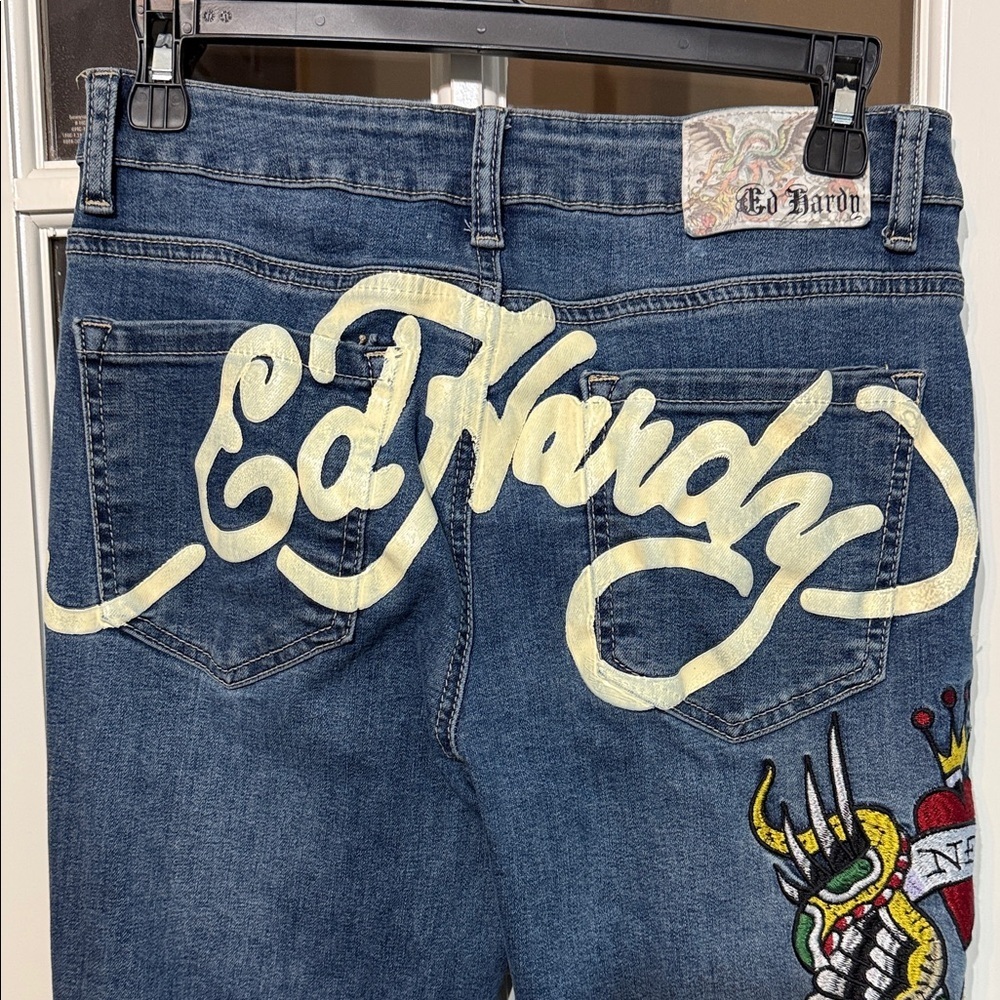 ED HARDY Vintage Y2K Flare Jeans  Embroidery Size 28 - Picture 3 of 14